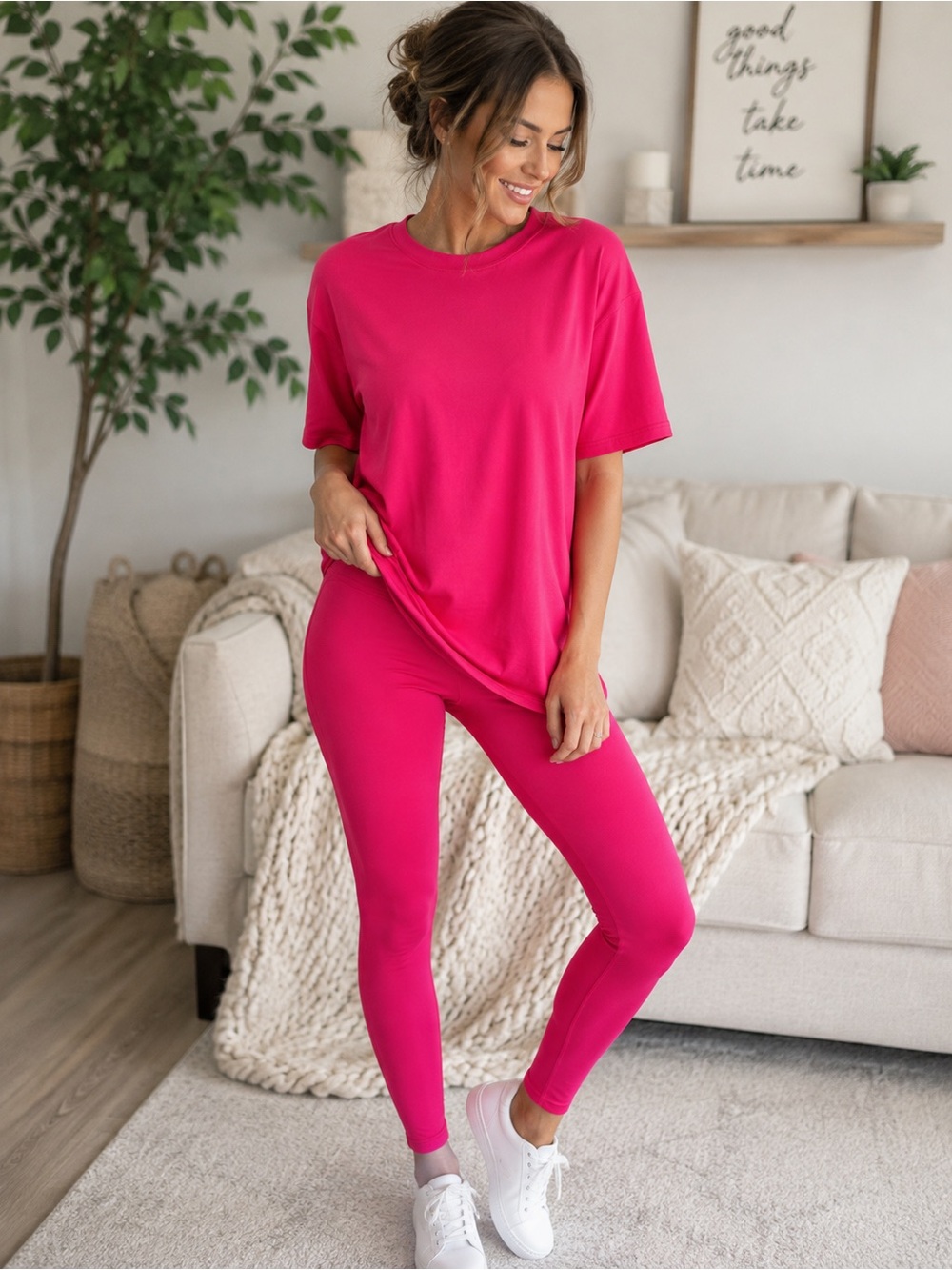 Zenana Hot Pink Lounge Set NWOT Size Small Soft Stretch Tee & Leggings